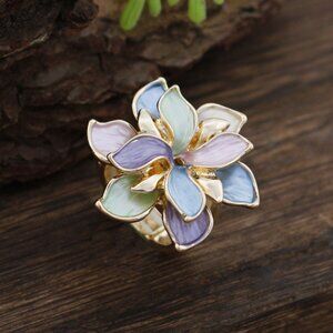 🌸  Enamel Flower Ring Adjustable Gold Tone Statement
